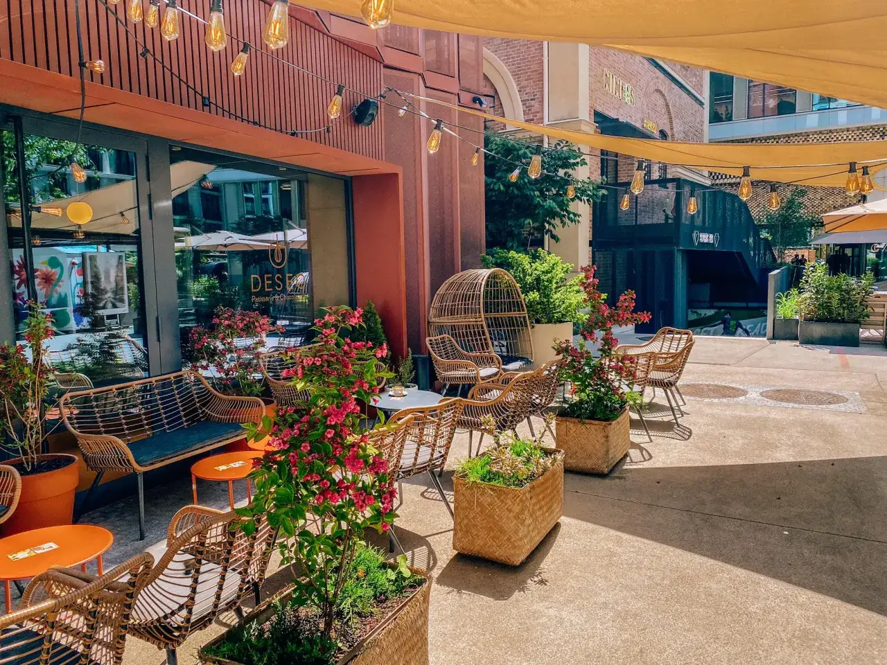 Uroczy ogr&oacute;dek kawiarniany z wiklinowymi meblami i kwitnącymi krzewami. Idealne miejsce na relaks w jednej z klimatycznych restauracji w Warszawie.