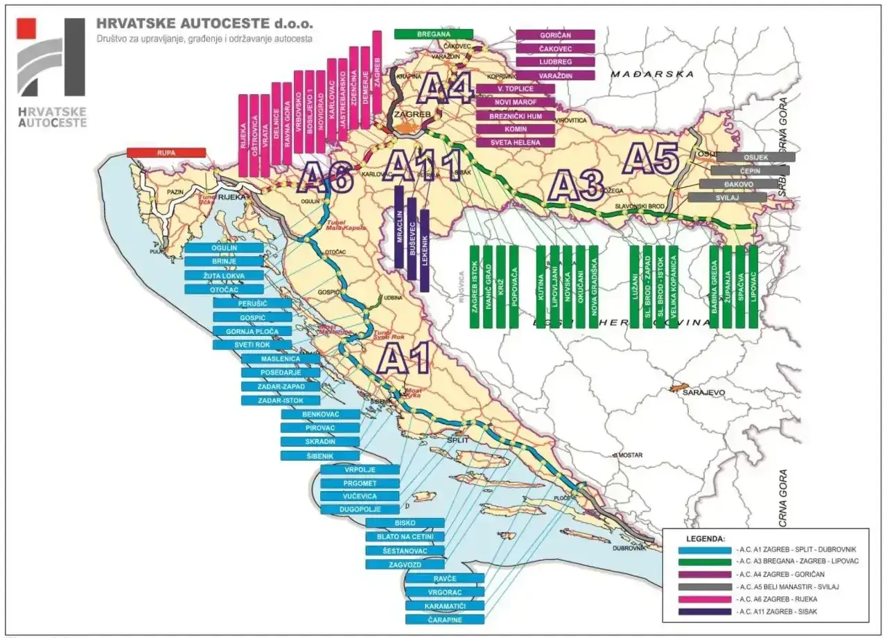 Mapa autostrad Chorwacji z zaznaczonymi trasami i miastami. Planujesz podr&oacute;ż? Sprawdź winiety do Chorwacji na tej mapie!