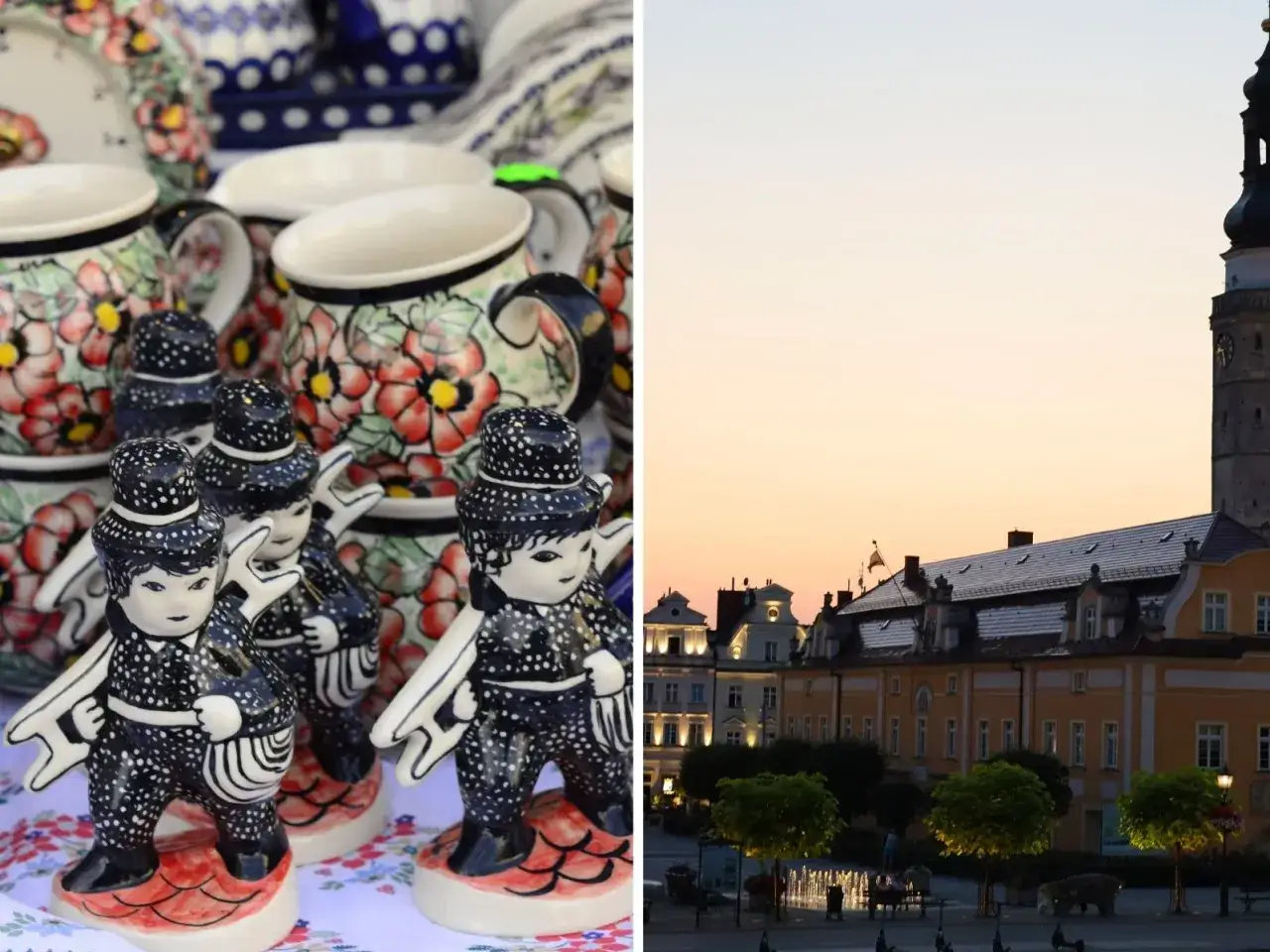 Ceramiczne figurki i naczynia z Bolesławca, a w tle rynek z ratuszem o zachodzie słońca. Bolesławiec atrakcje.