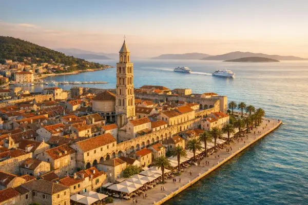 Widok na Split z wieżą katedry i palmami wzdłuż nabrzeża. Idealne miejsce na **split zwiedzanie** i relaks nad Adriatykiem.
