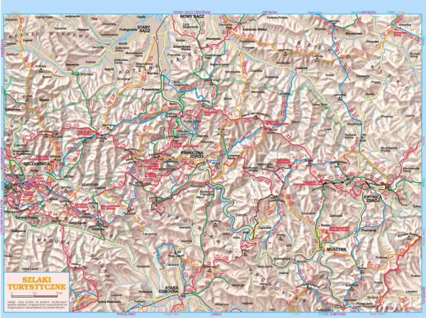 Mapa turystyczna Beskidu Sądeckiego z zaznaczonymi szlakami. Widoczne miejscowości: Krynica Zdrój, Piwniczna Zdrój, Nowy Sącz.