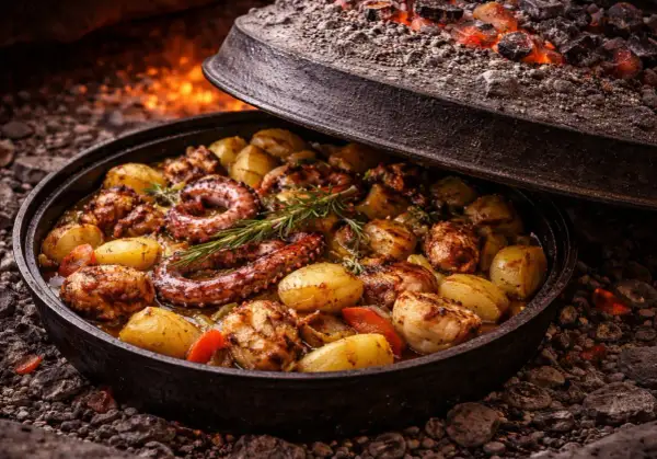 Pyszne chorwackie jedzenie: ośmiornica z ziemniakami i rozmarynem, pieczone pod żarem.