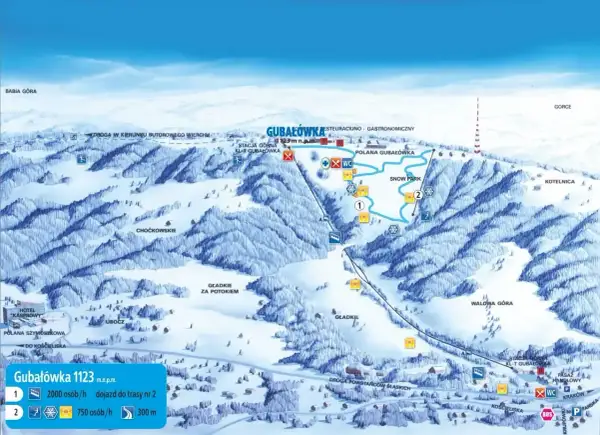 Mapa Gubałówki z atrakcjami: trasy narciarskie, snow park, restauracje. Idealne miejsce na zimowe szaleństwo!