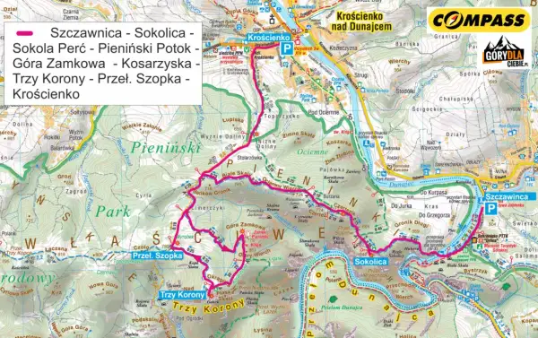 Trasa przez Pieniny: Szczawnica, Sokolica, Sokola Perć, Trzy Korony, Krościenko. Mapa turystyczna.