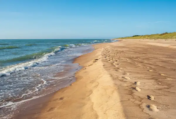 Spokojne, dzikie plaże nad Bałtykiem. Fale delikatnie obmywają piaszczysty brzeg, a na piasku widać ślady stóp.