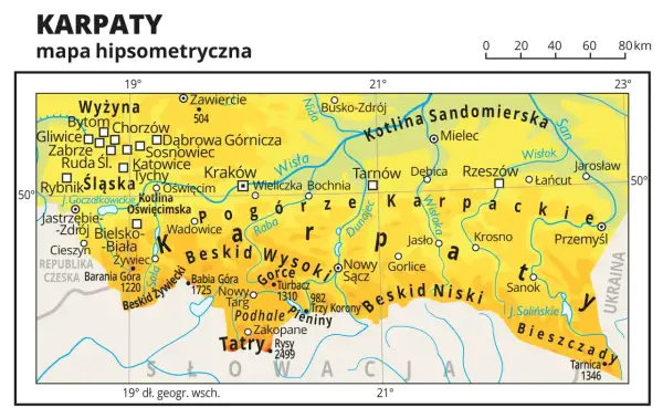 Mapa hipsometryczna Karpat w Polsce, ukazująca pasma górskie jak Tatry, Beskidy, Bieszczady, oraz miasta: Kraków, Rzeszów, Przemyśl.