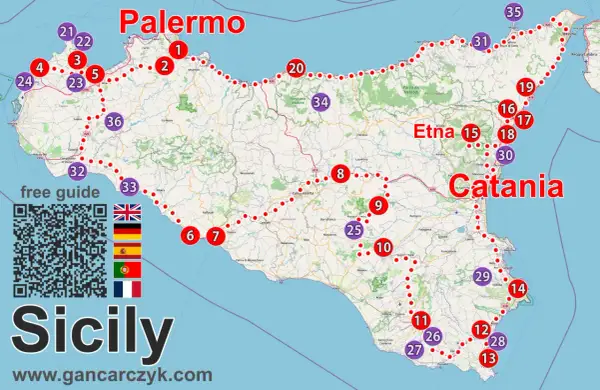 Mapa Sycylii z zaznaczonymi atrakcjami: Palermo, Etna, Katania. Zobacz, co warto zobaczyć na Sycylii!
