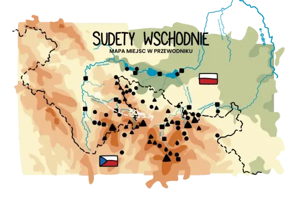Mapa Sudetów Wschodnich w Polsce z zaznaczonymi rzekami, miastami i granicami.